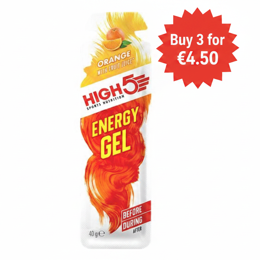 High5 Energy Gel in Orange flavor, 40g sports nutrition pouch on a white background.