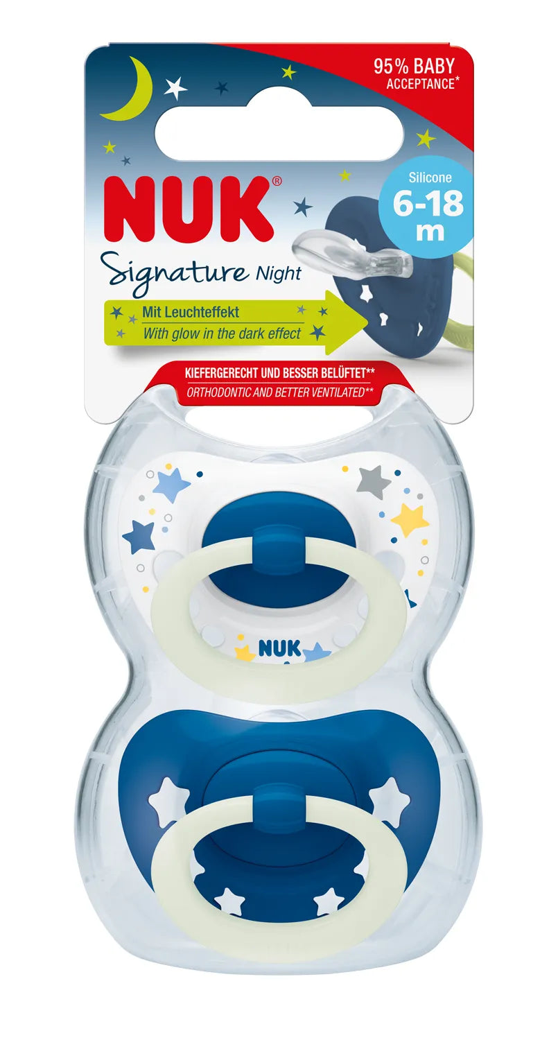 NUK Signature Night Soothers Silicone 6-18 months Blue/Red Twin Pack