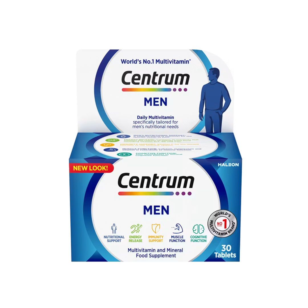 A box of Centrum Men multivitamin and mineral food supplement, 30 tablets, shown on a plain white background. The packaging features a blue and white design with the Centrum logo and a silhouette of a man.