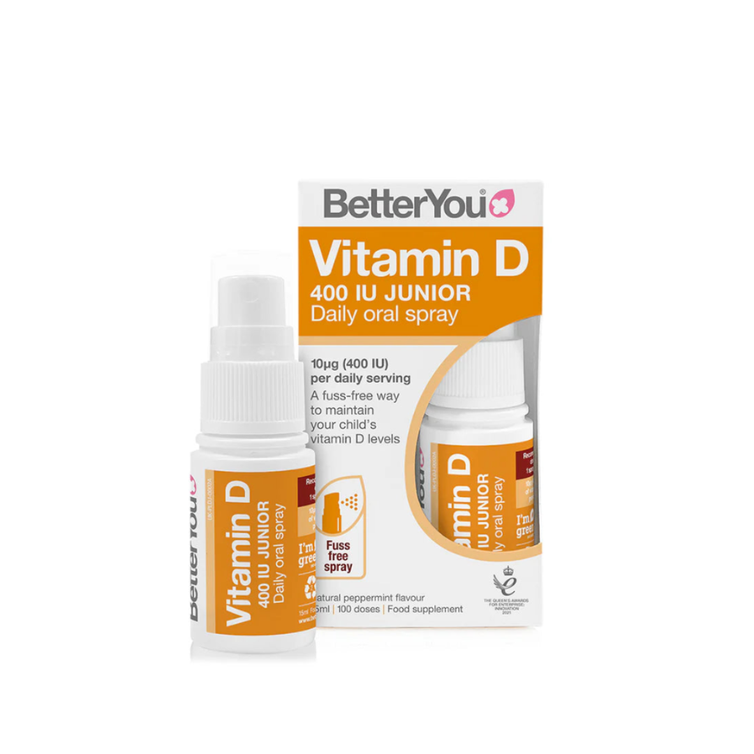 BetterYou Vitamin D 400 IU Junior Daily Oral Spray packaging on a white background