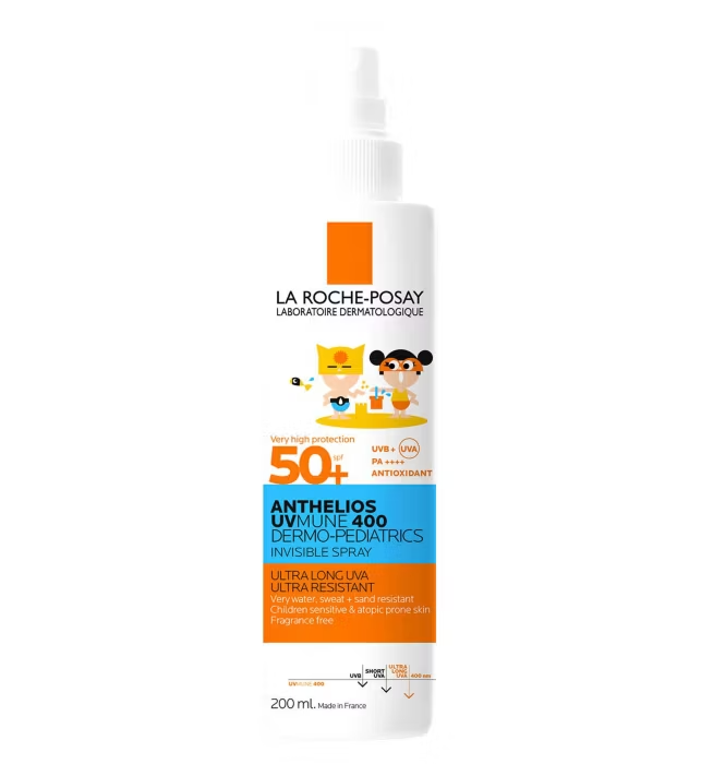 La Roche-Posay sunscreen spray bottle on a white background