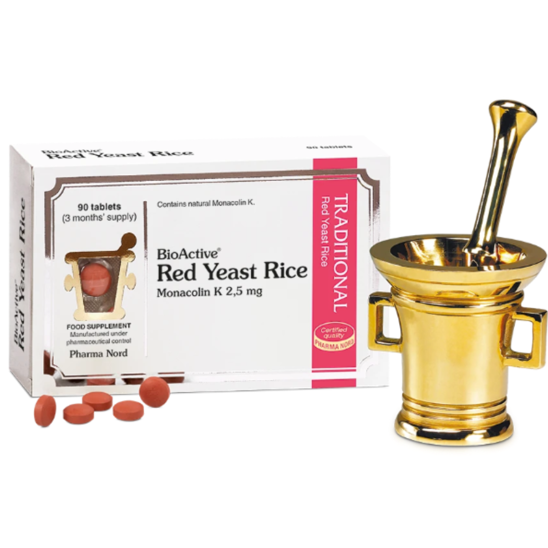 BioActive Red Yeast Rice Monacolin K 2.5 mg tablets shown with their white and pink retail box, several red-orange tablets in front, and a gold-colored mortar and pestle on a white background.