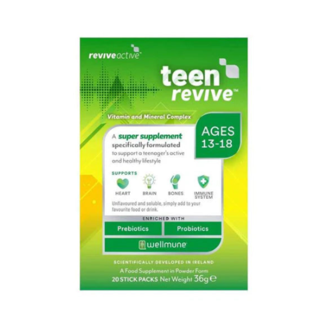 A package of Reviveactive Teen Revive Vitamin and Mineral Complex for ages 13-18, featuring a green and yellow gradient box with white and green text, and a Wellmune logo at the bottom.